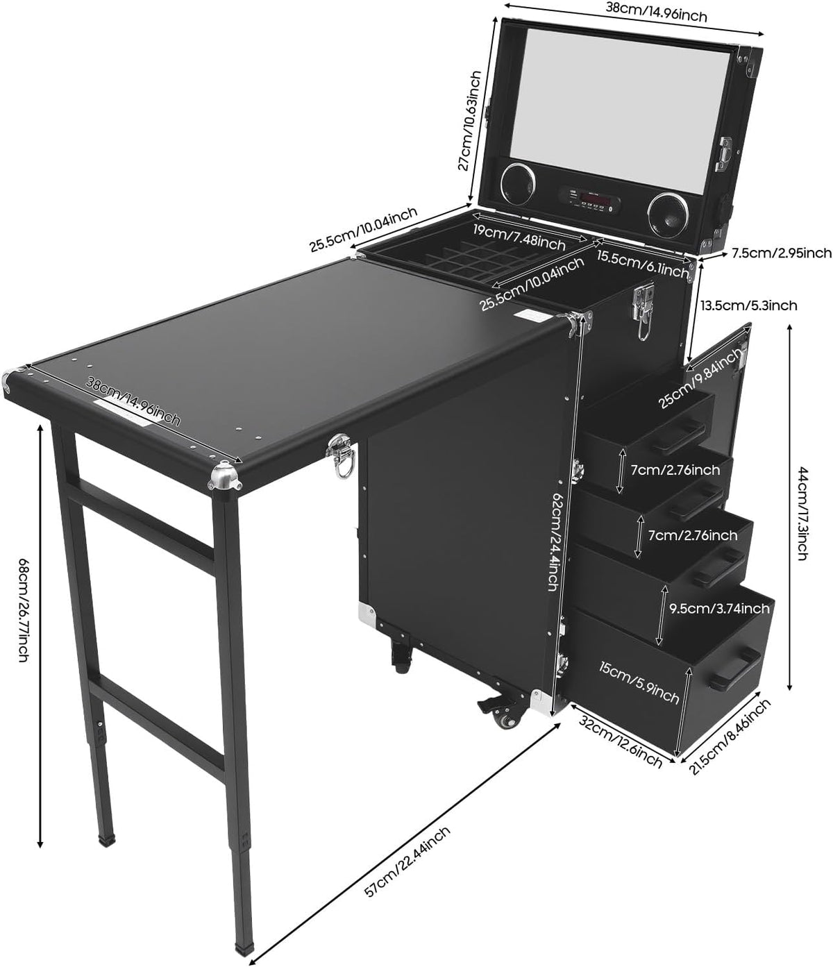 Manicure Table for Nail Technicians, Nail Table Mobile Station Rolling Makeup Travel Case, Foldable Nail Table with Speakers, Travel Cosmetic Trolley Storage Organizer Portable Nail Desk