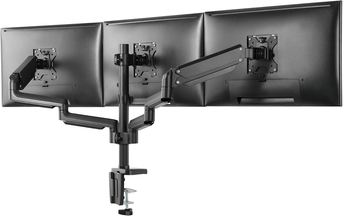 Mount-It! Triple Monitor Desk Mount with Full Motion Arms, 3 Monitor Riser with Gas Spring Arms for 27" Max Computer Screens, Sturdy Dual Clamp Base, Black