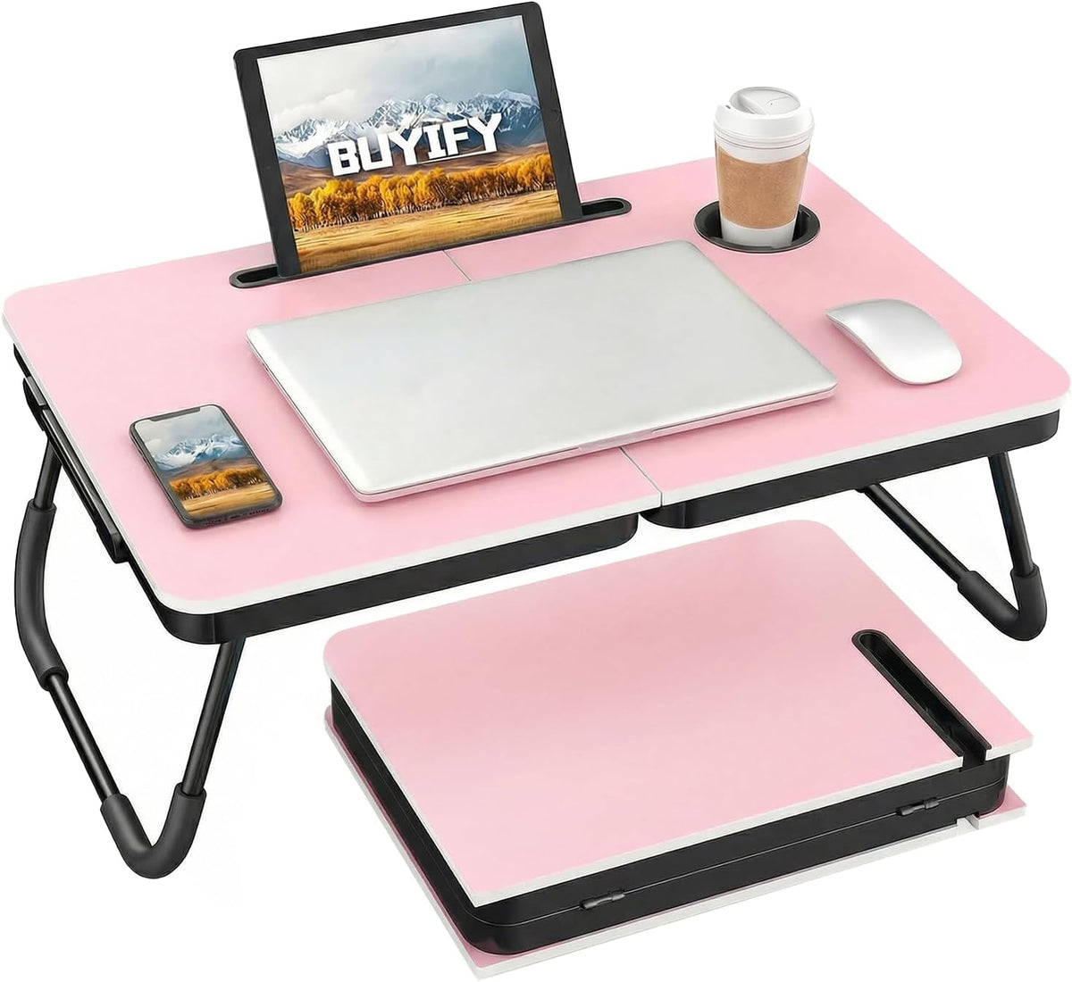 BUYIFY 23.4" Foldable Lap Desk Bed Table with Cup Holder Portable Tray