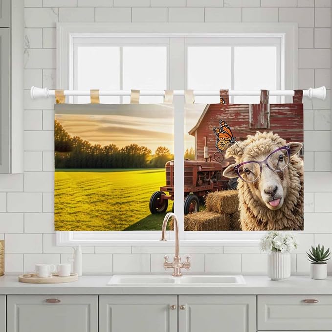 Farm Sheep Kitchen Curtains 36 Inch Length, Small Window Curtains Tab Top