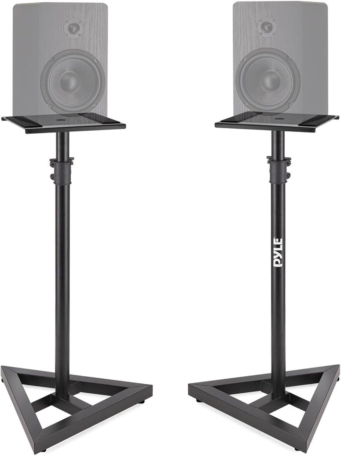 Pyle Speaker Stand Pair of Sound - Play 1 and 3 Holder, Telescoping Height Adjustable from 26” - 52” Inch, High Heavy Duty Three-point Triangle Base w/ Floor Spikes and 9” Square Platform, Black