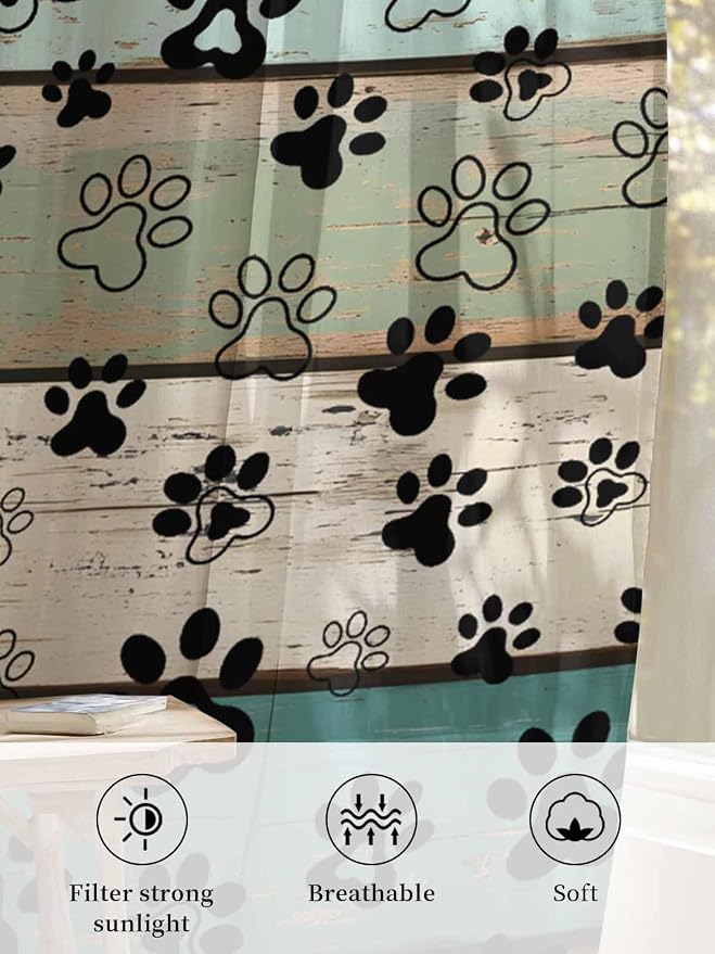 Sheer Curtains 84 Inches Long, Sage Green Brown Paw Prints Semi Sheer Curtains