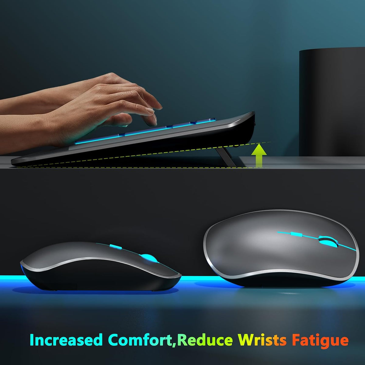 JOYACCESS Silent RGB Backlit Wireless Keyboard Mouse Set, Rechargeable 3000mAh Keyboard, Ergonomic Wrist Rest, 2.4G USB‑A/C, for PC Mac Laptop Office - Space Gray