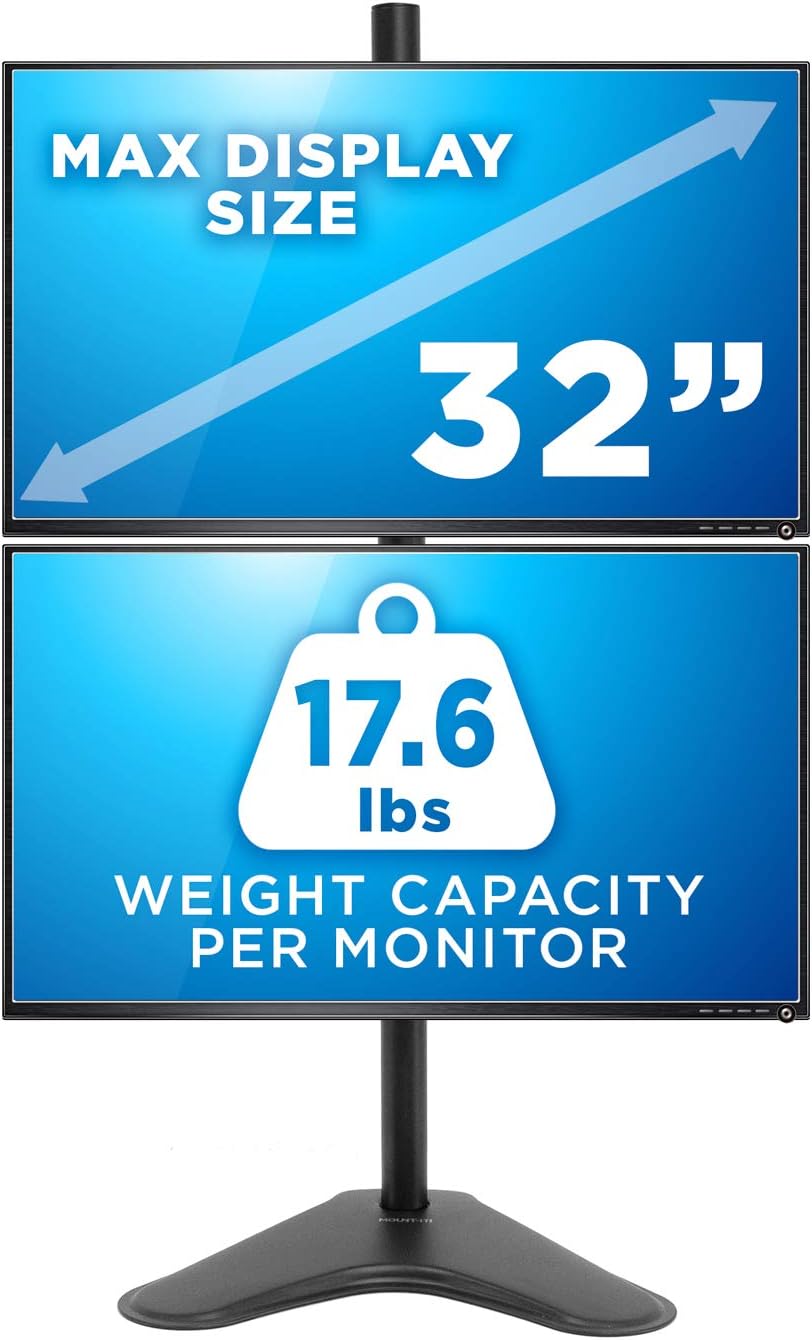 Mount-It! Vertical Dual Monitor Stand, Freestanding Stacked Monitor Mount for 2 Screens 17–32", Height Adjustable, Tilt Swivel Rotate, Portrait or Landscape, Holds 17.6 lbs per Arm, No Desk Clamp Needed
