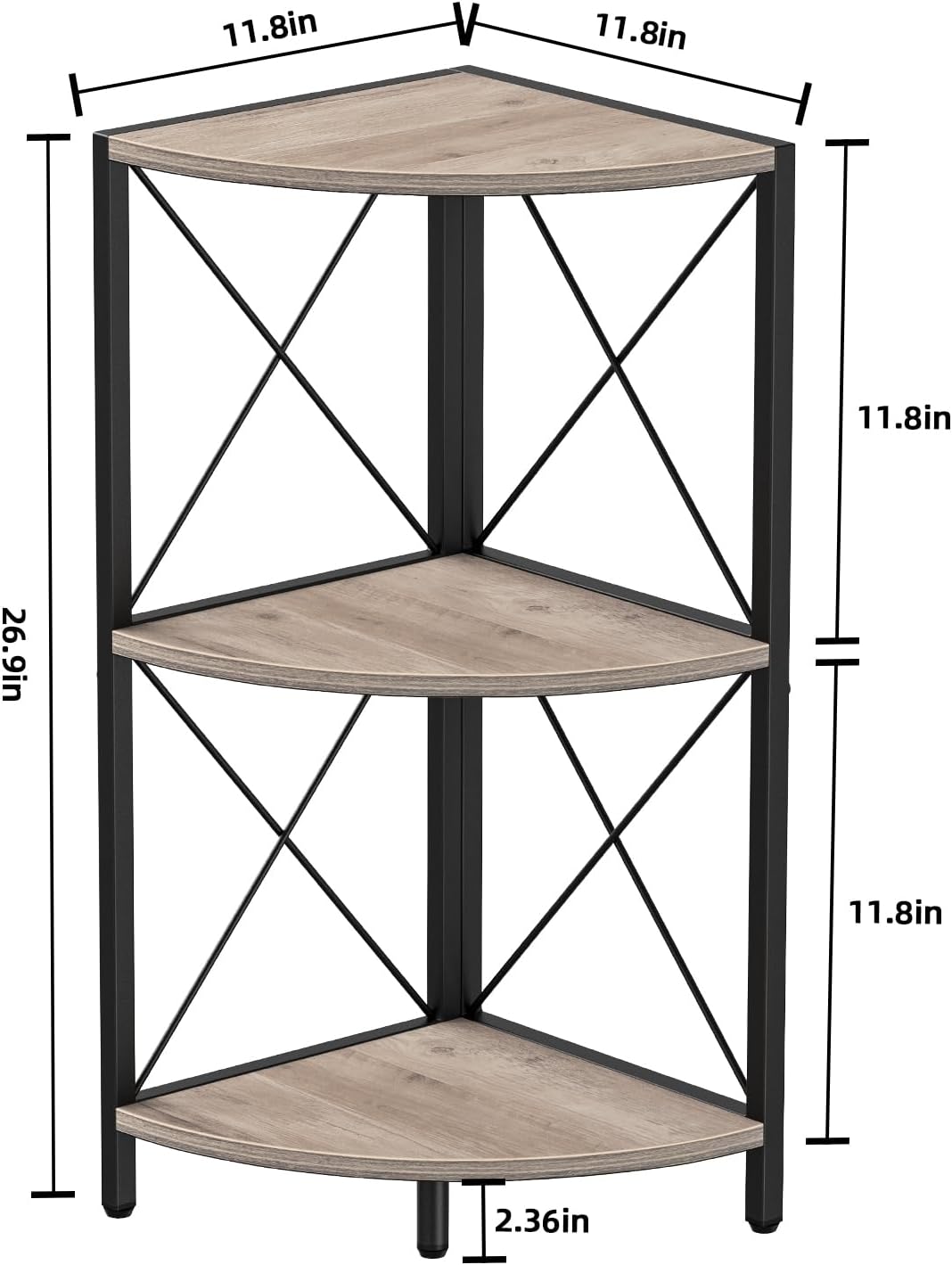 Snughome Corner Shelf for Desktop, 3-Tier Corner Storage Organizer with Metal Frame, Freestanding Corner Shelf Stand Display Rack for Kitchen Counter, Living Room, Grey