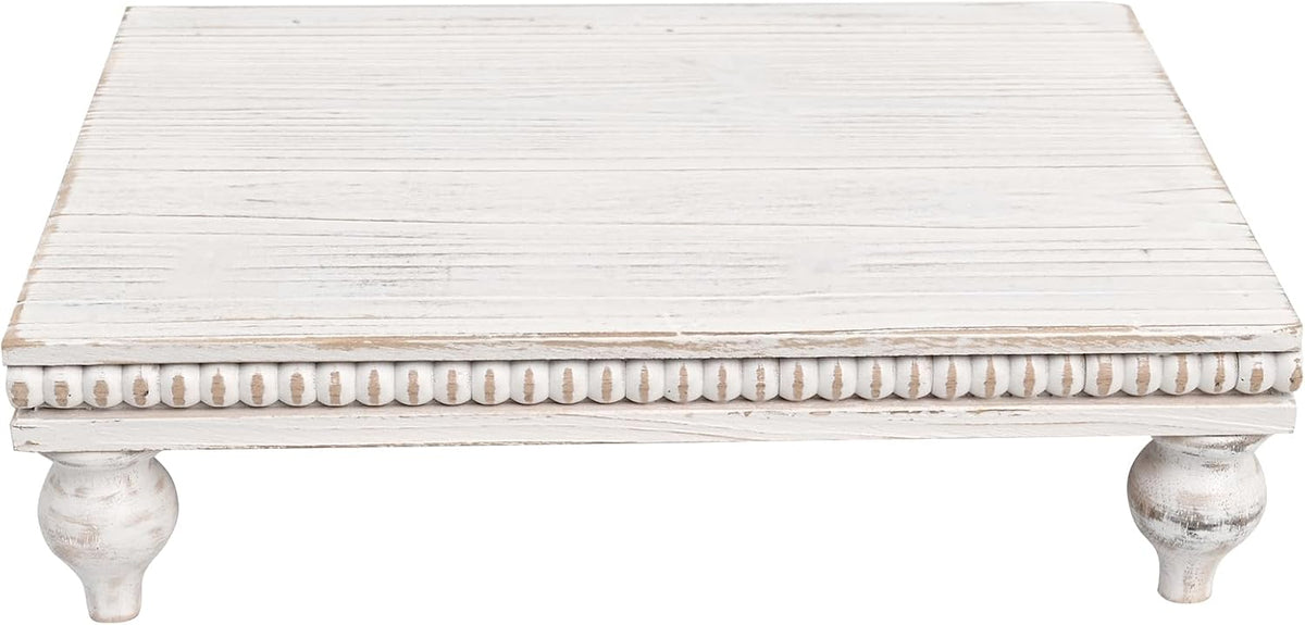 SwallowLiving Farmhouse Wood Riser for Display Decorative, Rustic Shabby Chic Tray for Kitchen Counter, Coffee Bar Table, Dining Room, Wooden Rectangle Beaded Pedestal Stand for Food, White