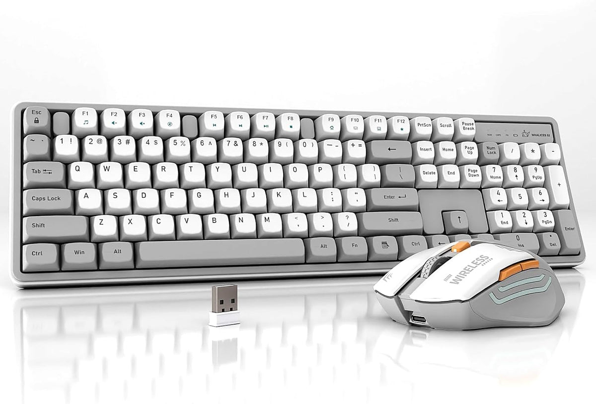 Rechargeable Wireless Keyboard and Mouse Combo, Full-Size - White-Gray