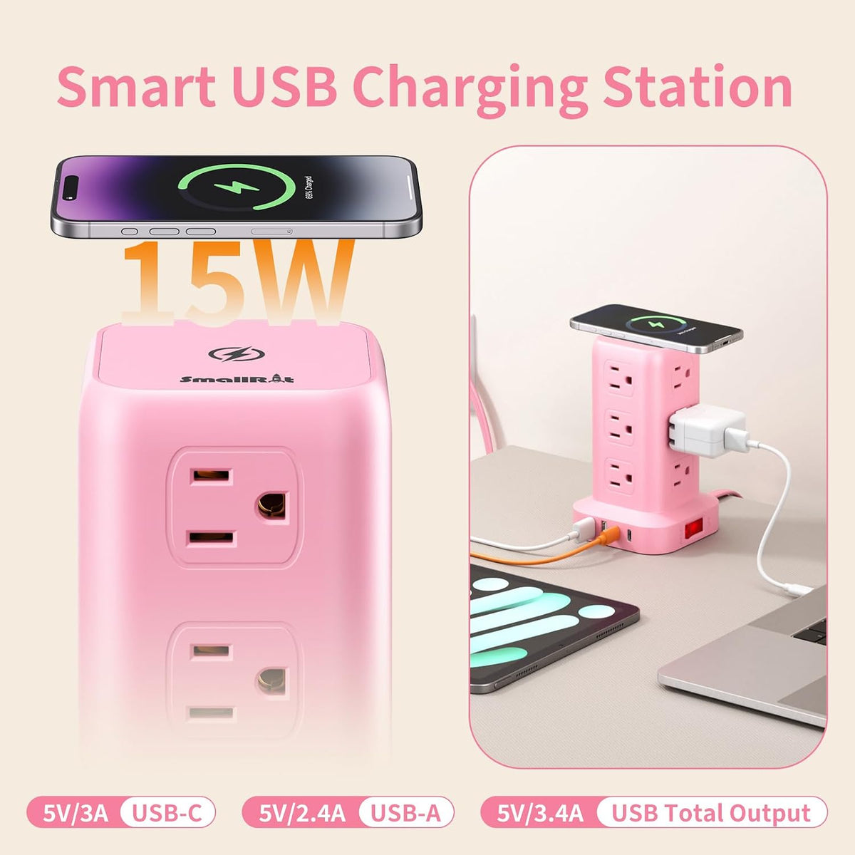 Extension Cord with Multiple Outlets, SMALLRT Outlet Extender with 12 AC Outlets 4 USB, 6.5FT Power Strip Tower for Home Office Supplies, Pink