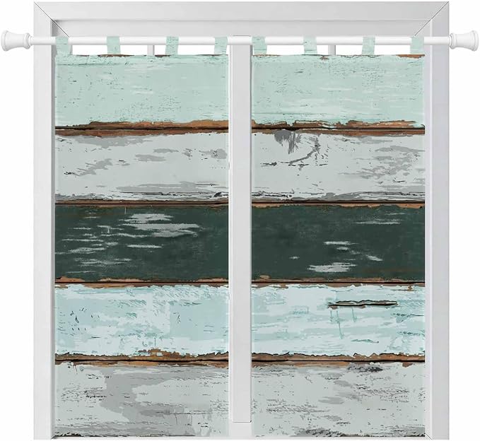 Blue Teal Bathroom Curtains 63 Inch Length, Window Curtains Tab Top, Vintage