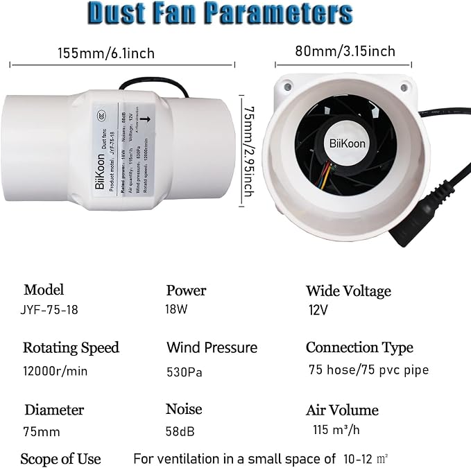 12V Inline Duct Fan 3 Inch 75Mm Ventilation Exhaust Booster 18W 68 Cfm Intake