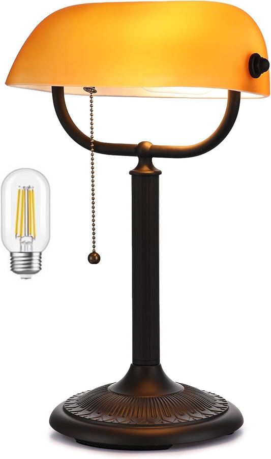1-Minute Quick-Change Shade Matted Amber Glass Bankers Desk Lamp