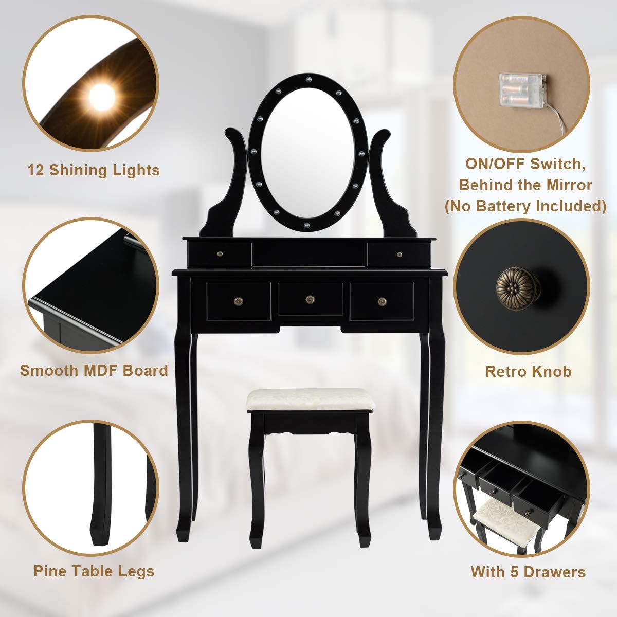 GOFLAME Vanity Set with 360° Rotating Oval Makeup Mirror, Dressing Table & Cushioned Stool Set with 5 Sliding Drawers & 12 LED Lights, Detachable Top, Perfect for Dressing Room, Bedroom (Black)