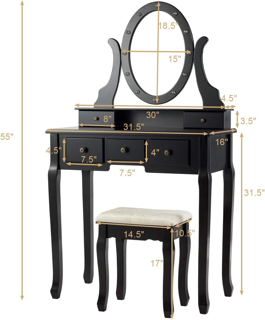 GOFLAME Vanity Set with 360° Rotating Oval Makeup Mirror, Dressing Table & Cushioned Stool Set with 5 Sliding Drawers & 12 LED Lights, Detachable Top, Perfect for Dressing Room, Bedroom (Black)