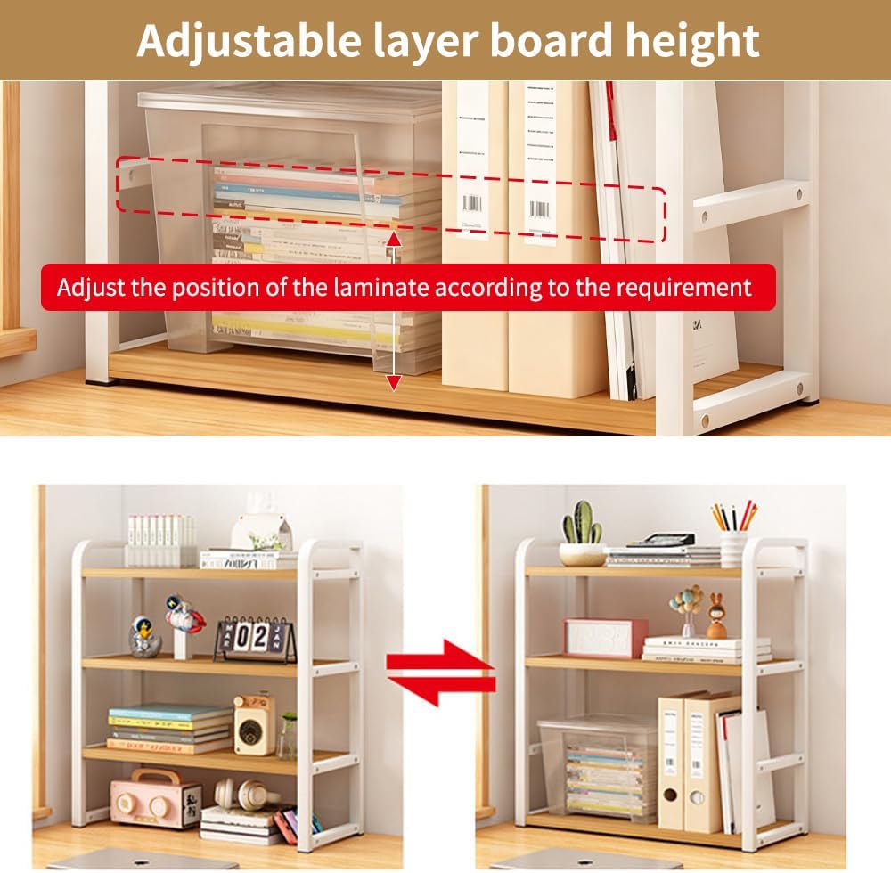 Office Desk Shelf Organizer, Wood Desktop Bookshelf Supplies Storage Rack, Shelf for Top of Desk and Dresser and Cubicle Decor Aesthetic Bookshelf (White Wood, three Tier 19.69 Lx7.87 Wx22.05 H)