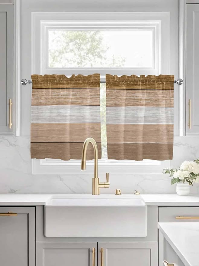 Retro Farm Wood Board Window Valance Curtains, 2 Panel