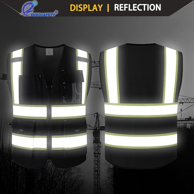 9 Pockes Black Reflecive Safety Vest for Men with Double Stitching Knots around All Pockets and Zipper High Visibility Mesh Construction Work Vest,Meets ANSI/ISEA Standards(EK176-Black-3XL)
