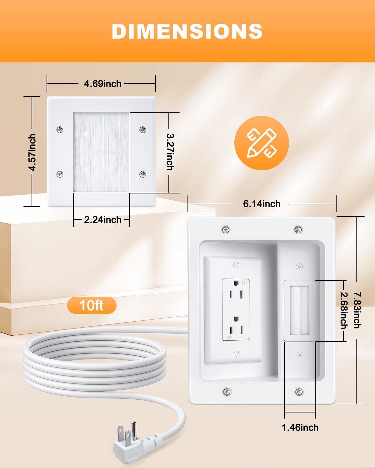 in Wall Cable Management Kit with Recessed Outlet Box, Two-Hole Socket, 10ft Power Cord, Tv Cable Hider Wall Kit Fits All Plugs, Easy, Safe Cable Management