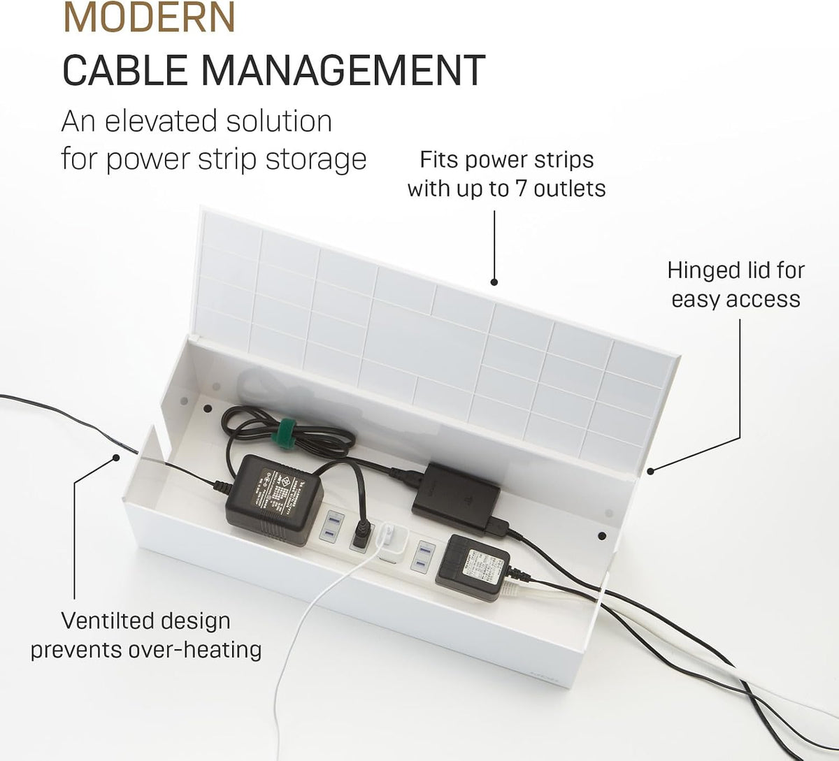 Yamazaki Home Cable Management Box – Cord Organizer Box with Lid, Minimalist Cable Storage for Office, ABS Plastic