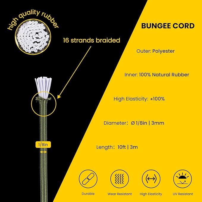 Bungee Cord Elastic Shock Cord 1/8" x 10' Bungee Rope for DIY, Tie Downs, Kayak and Outdoor - Army Green