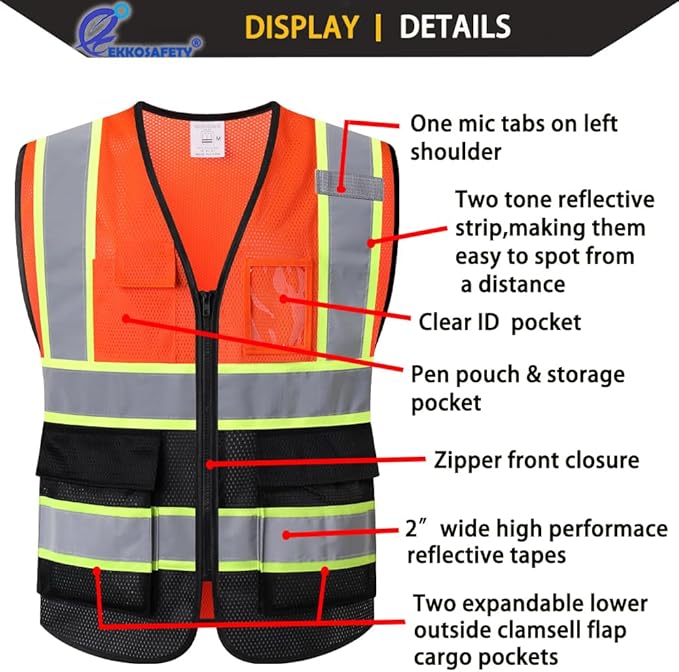 Reflective Mesh Safety Vest for Men Women with 5 Pockets and Zipper Front High Visibility Mesh Vest Hi Vis Construction Work Vest,Meets ANSI/ISEA Standards(EK175-Orangeblack-3XL)
