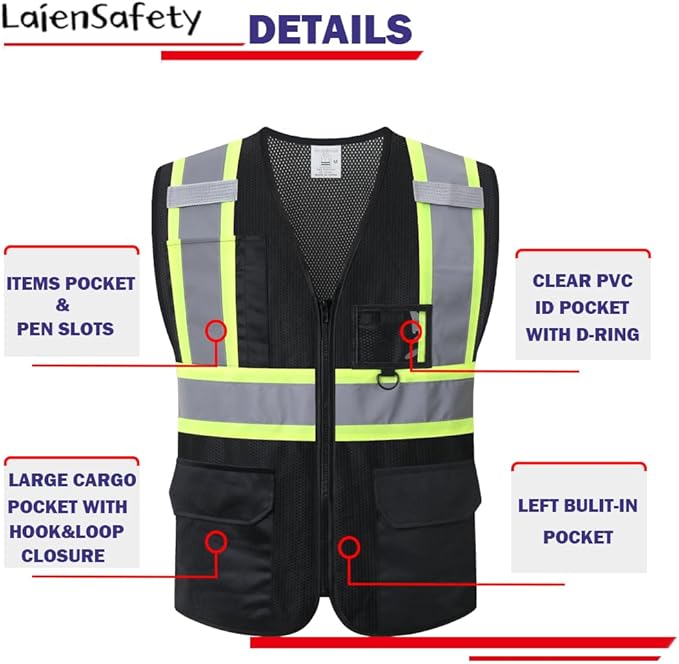 Reflective Safety Vest for Men Women with Multiple Pockets Mesh High Visibility Construction Work Vest,Meets ANSI/ISEA Standards(EK1-178-Black-S)