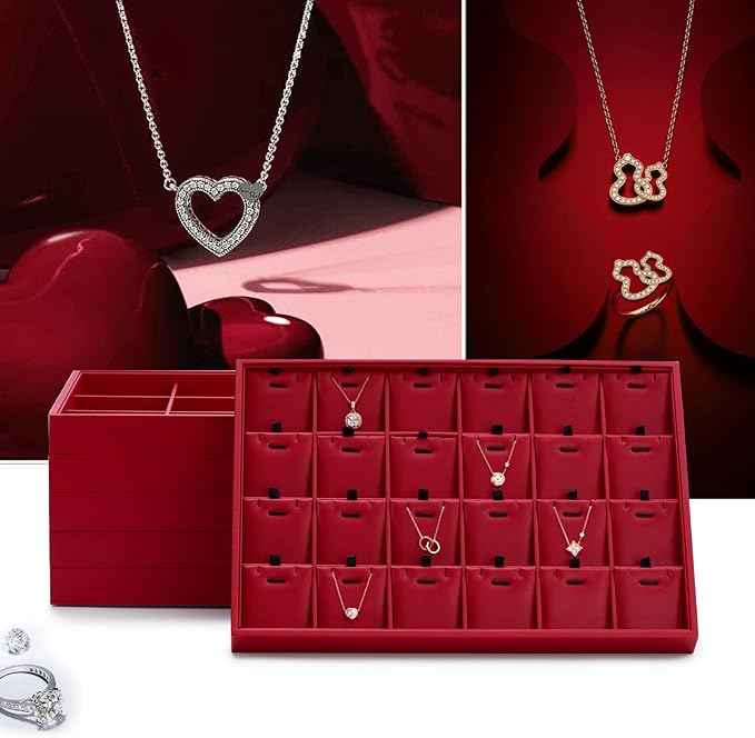 Oirlv Gorgeous Red Leather Jewelry Tray Necklace Bracelet Long Chain Storage
