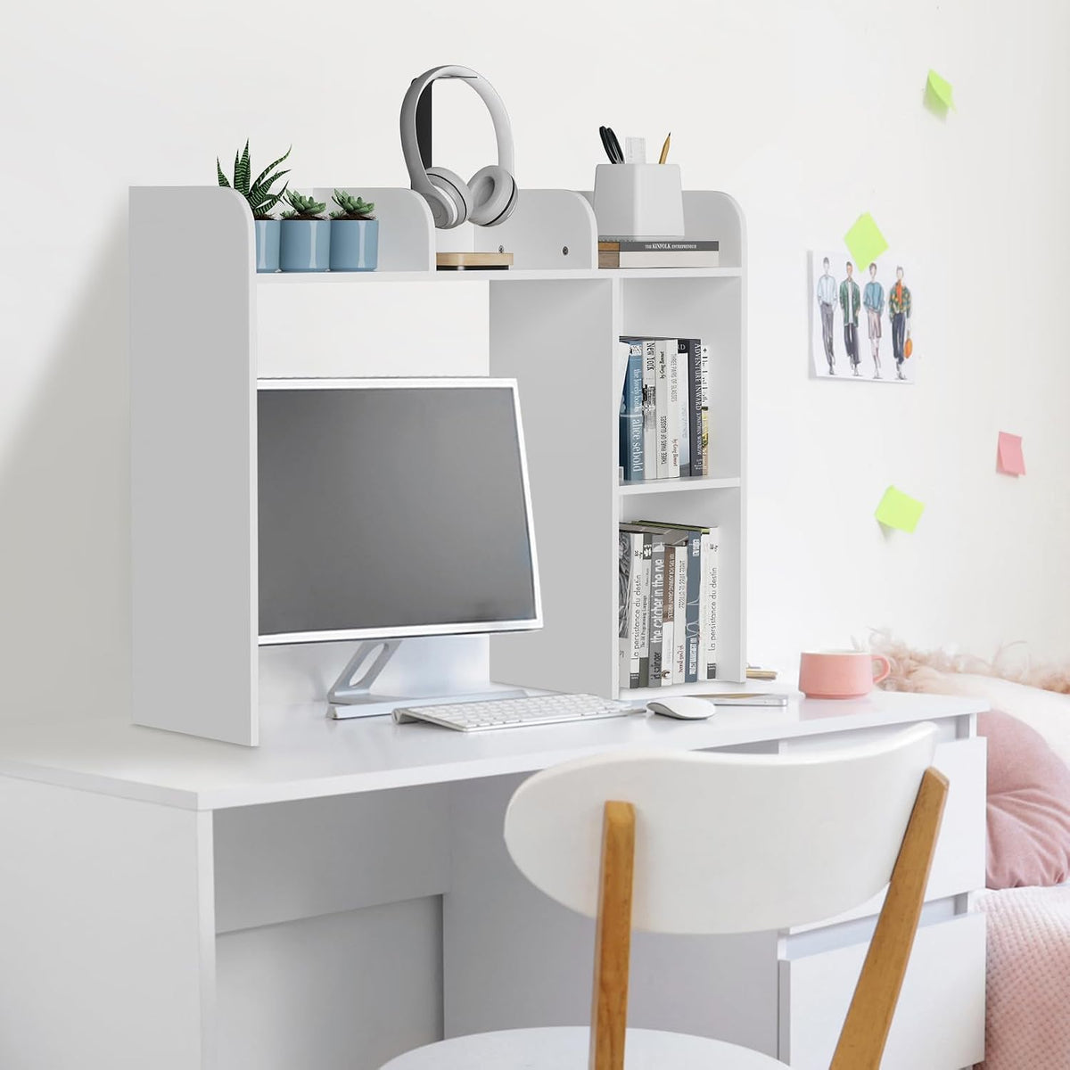 Desk Hutch Dorm White, 3-Tire Wood Desk Shelf Storage Organizer for Office Home