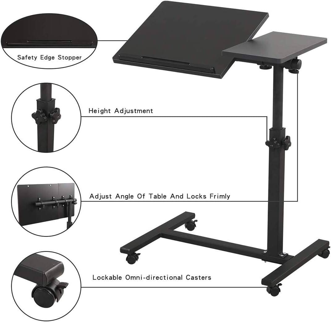 TigerDad Overbed Bedside Desk Mobile Rolling Laptop Stand Tilting Overbed Table with Wheels Height Adjustable Tray Table for Laptop Bed Sofa Side Table, Home & Hospital Use (Black)