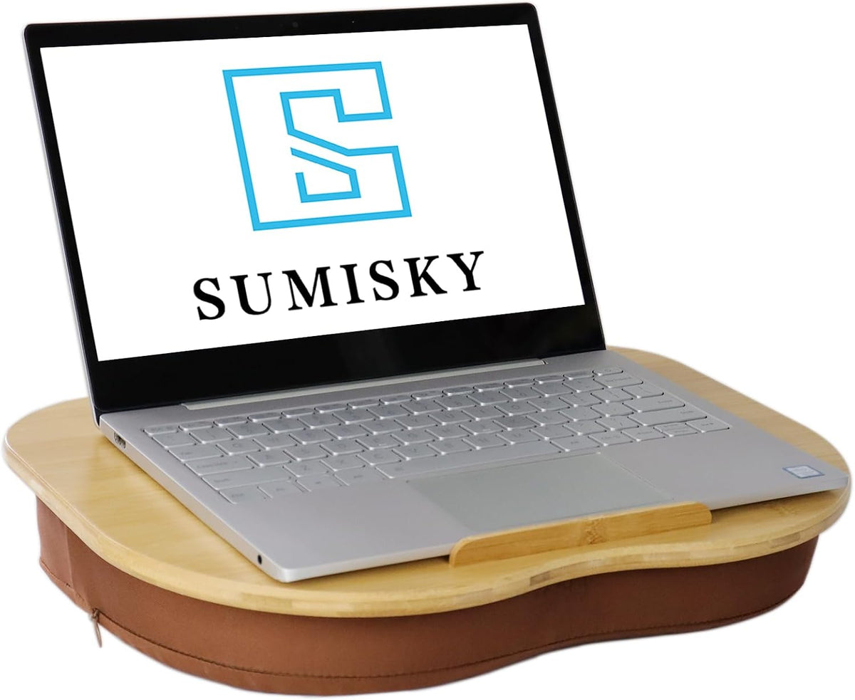 SUMISKY Bamboo Lap Desk for Laptop with Cushion, Portable Laptop Stand with Phone Hoder & Anti-Slip Stopper-Fits up to 15 inch for Home Office Students Use