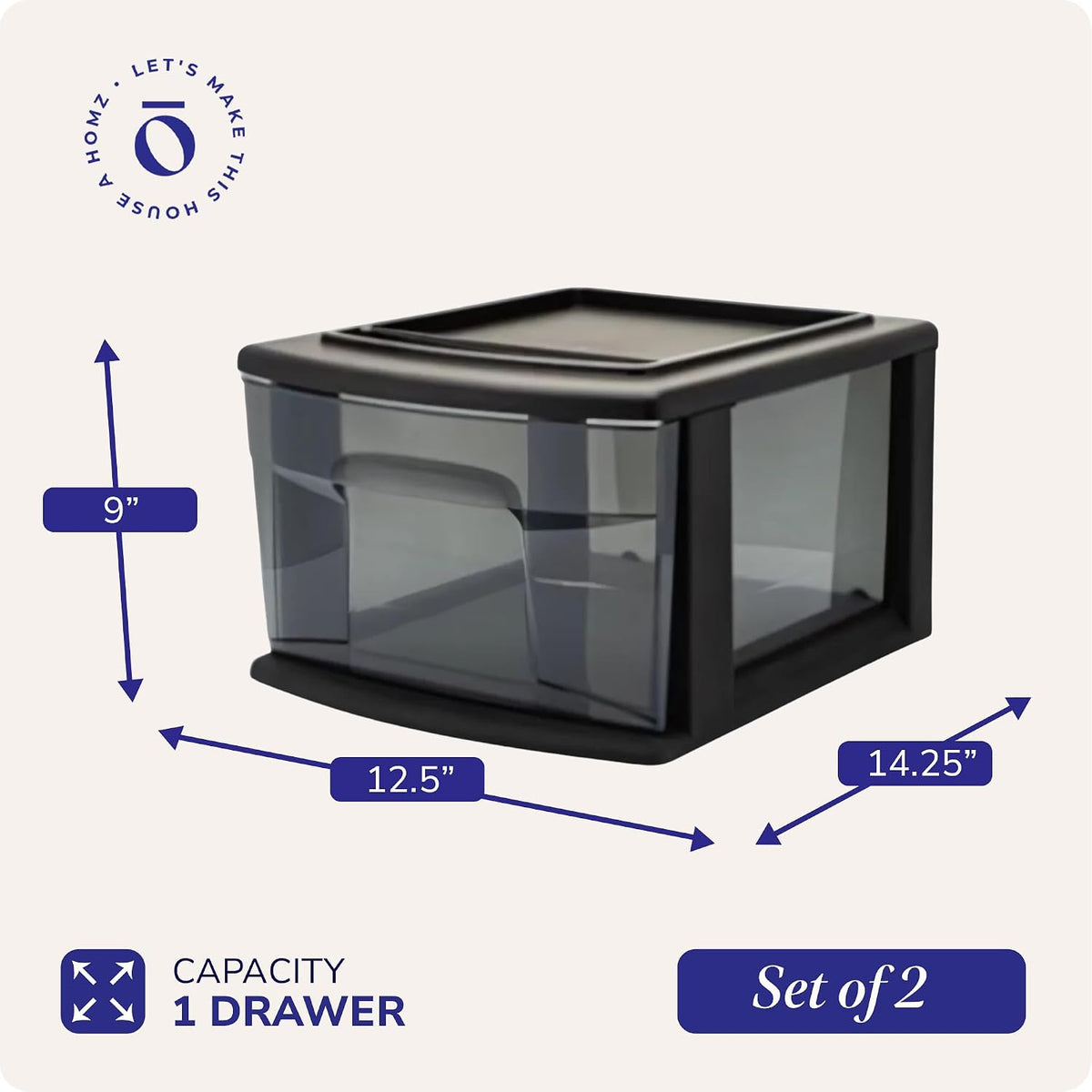 HOMZ 1 Drawer Storage Cart, Medium Plastic Container, Black Frame, 2 Pack