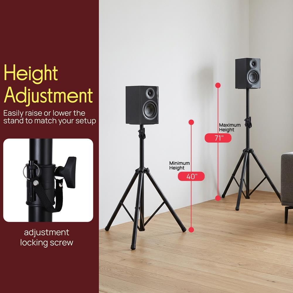 Pyle Universal Speaker Stand 2-Pack – Heavy Duty Tripod Mount Holder Set, Height Adjustable from 40” to 71”, 35mm Insert Compatibility, Safety Pin and Knob Locking for PA, DJ & Studio Use