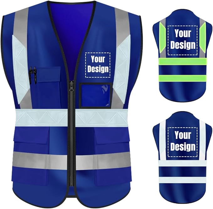 YOWESHOP High Visibility Safety Vest Custom Your Logo Protective Workwear 5 Pockets With Reflective Strips Outdoor Work Vest (XL, Navy Blue Luminous)