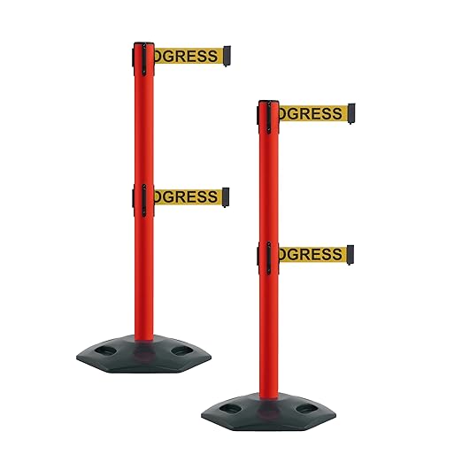 Montour Line MSR630D Set of 2 Retractable Belt Barrier Stanchion, Heavy-Duty Rubber Base, Red Post (11 ft Yellow with"Cleaning in Progress" Black Letters Dual Belt)