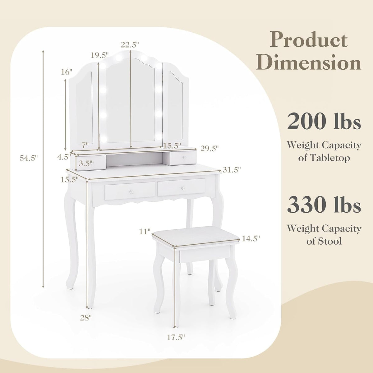 CHARMAID Vanity Desk with Mirror and Lights, Tri-Folding Lighted Mirror
