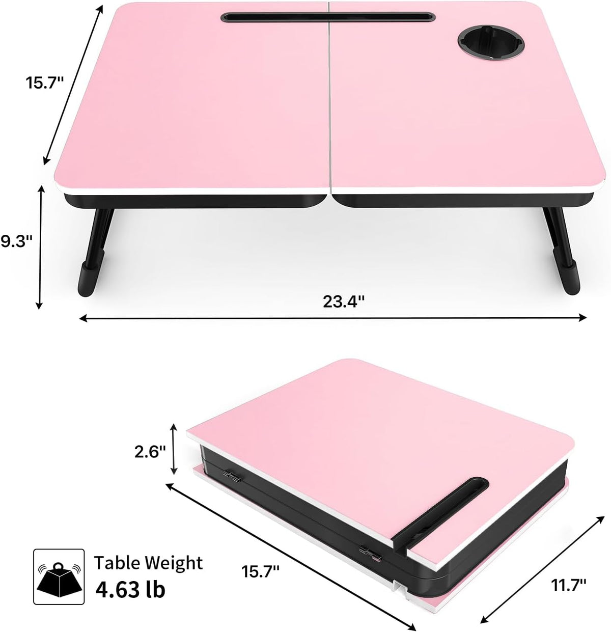 BUYIFY 23.4" Foldable Lap Desk Bed Table with Cup Holder Portable Tray