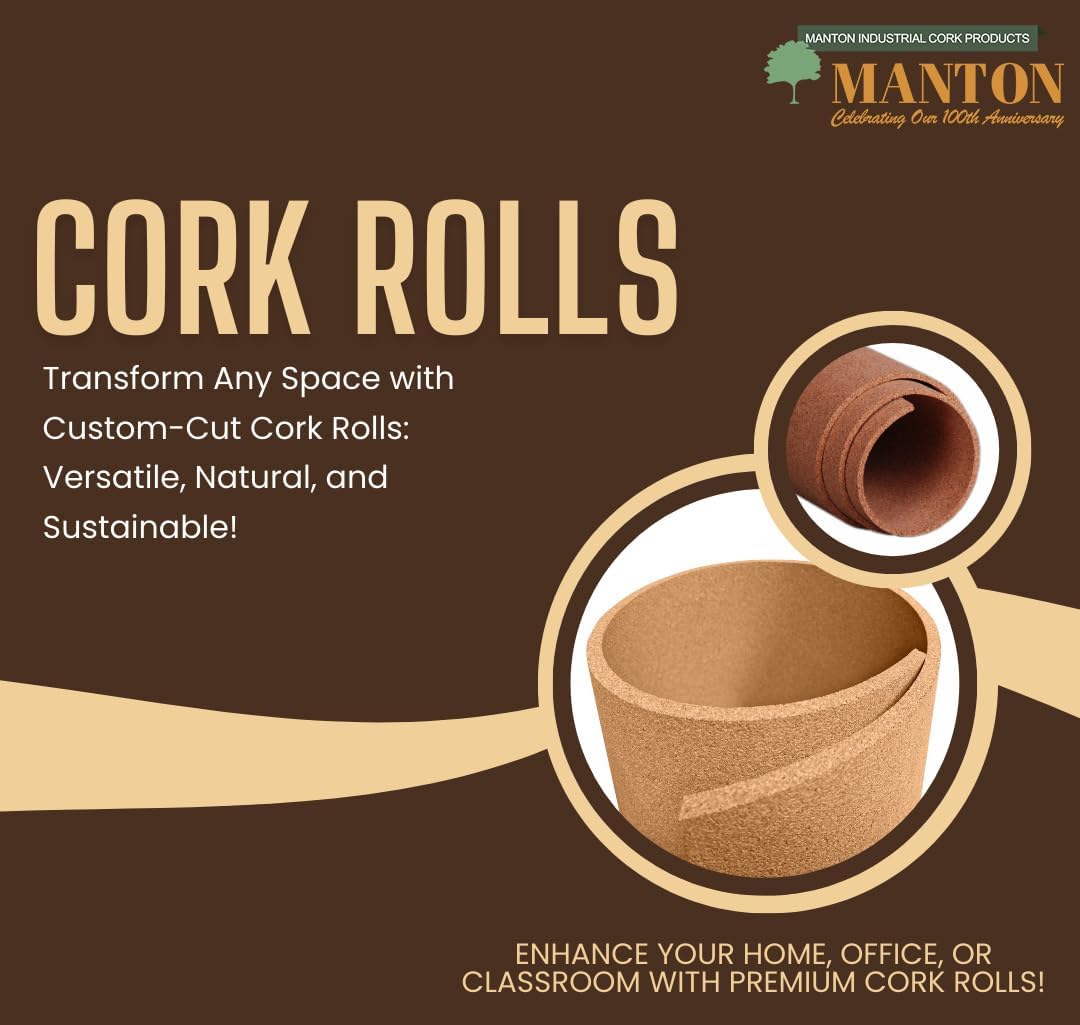 Manton Cork Premium Cork Roll - 3' x 12' x 1/4", 100% Natural Facing Grade Material for Bulletin Boards, Decorative Photo and Message Push Pin Displays - Perfect for Home, School, and Office