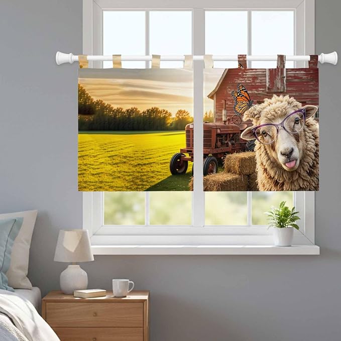 Farm Sheep Kitchen Curtains 36 Inch Length, Small Window Curtains Tab Top