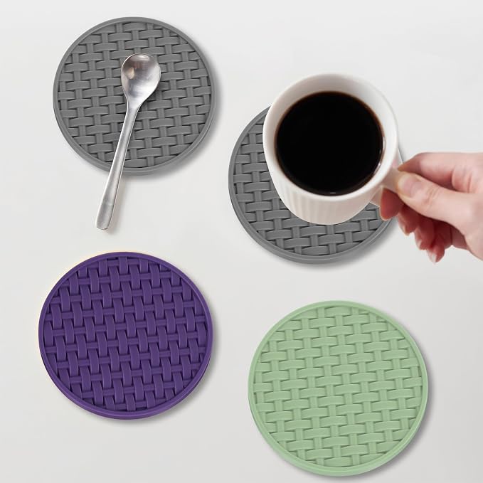 Gray Silicone Coasters with Holder, 4 Inch Non-Slip Drink Coasters Set of 6 |