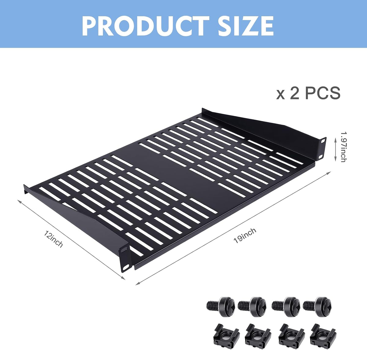 2PCS 1U Server Rack Shelf, Suitable for 19" Network Equipment Racks and Cabinets, Ventilated Cantilever Tray, Depth of 12 inches, Well-Ventilated (12")