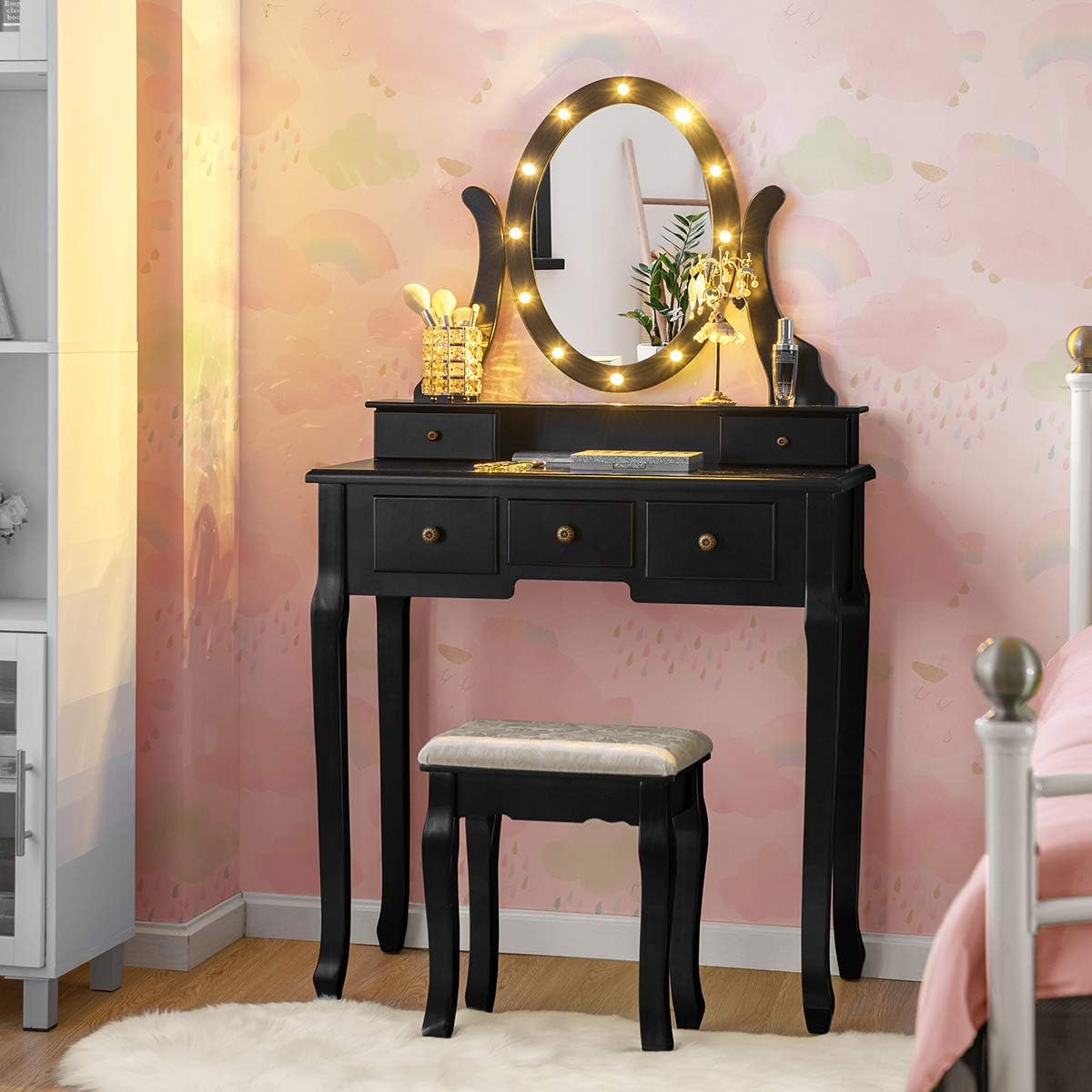GOFLAME Vanity Set with 360° Rotating Oval Makeup Mirror, Dressing Table & Cushioned Stool Set with 5 Sliding Drawers & 12 LED Lights, Detachable Top, Perfect for Dressing Room, Bedroom (Black)