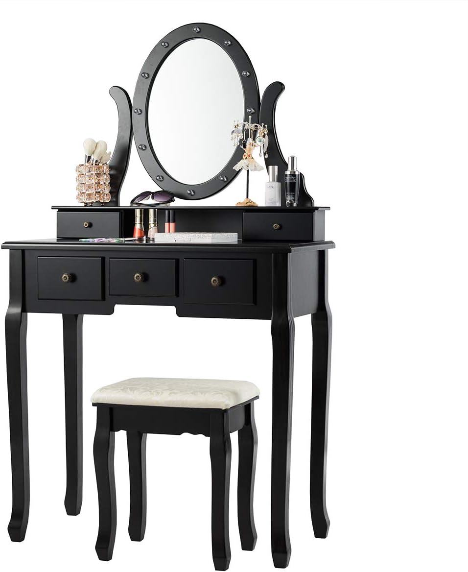 GOFLAME Vanity Set with 360° Rotating Oval Makeup Mirror, Dressing Table & Cushioned Stool Set with 5 Sliding Drawers & 12 LED Lights, Detachable Top, Perfect for Dressing Room, Bedroom (Black)