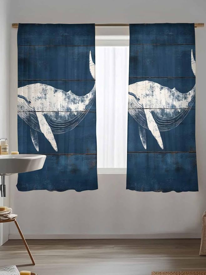Sheer Curtains 72 Inches Long, Summer Whale Semi Sheer Curtains Light Filtering
