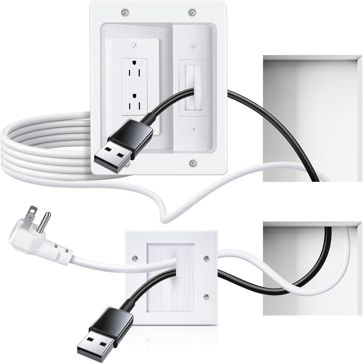 in Wall Cable Management Kit with Recessed Outlet Box, Two-Hole Socket, 10ft Power Cord, Tv Cable Hider Wall Kit Fits All Plugs, Easy, Safe Cable Management