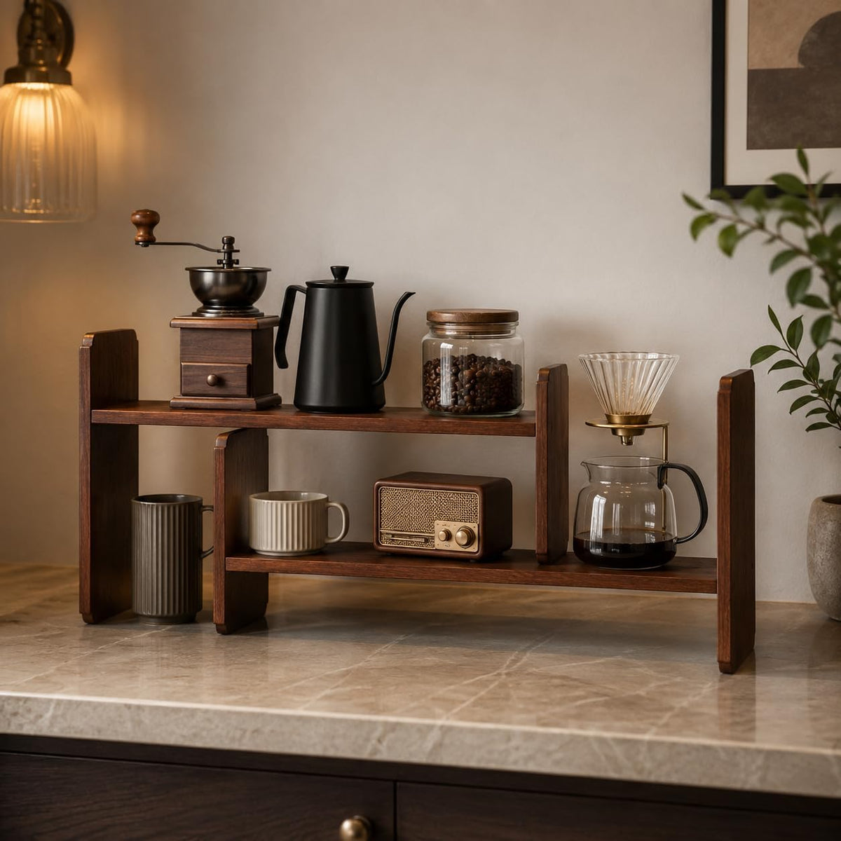 Walnut Display Organizer Expandable Desktop or Countertop Shelf with Drawer