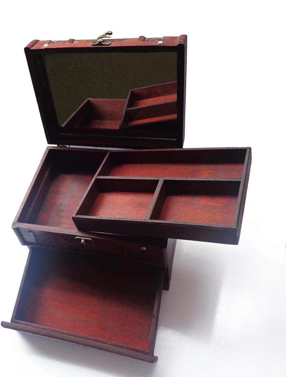 ISOTO Retro Vintage Wooden Jewelry Box Storage Box Organizer Container Case Chest Trinket Box with Mirror for Gilrs Girlfriend Women for Mother's Day (Style 3)