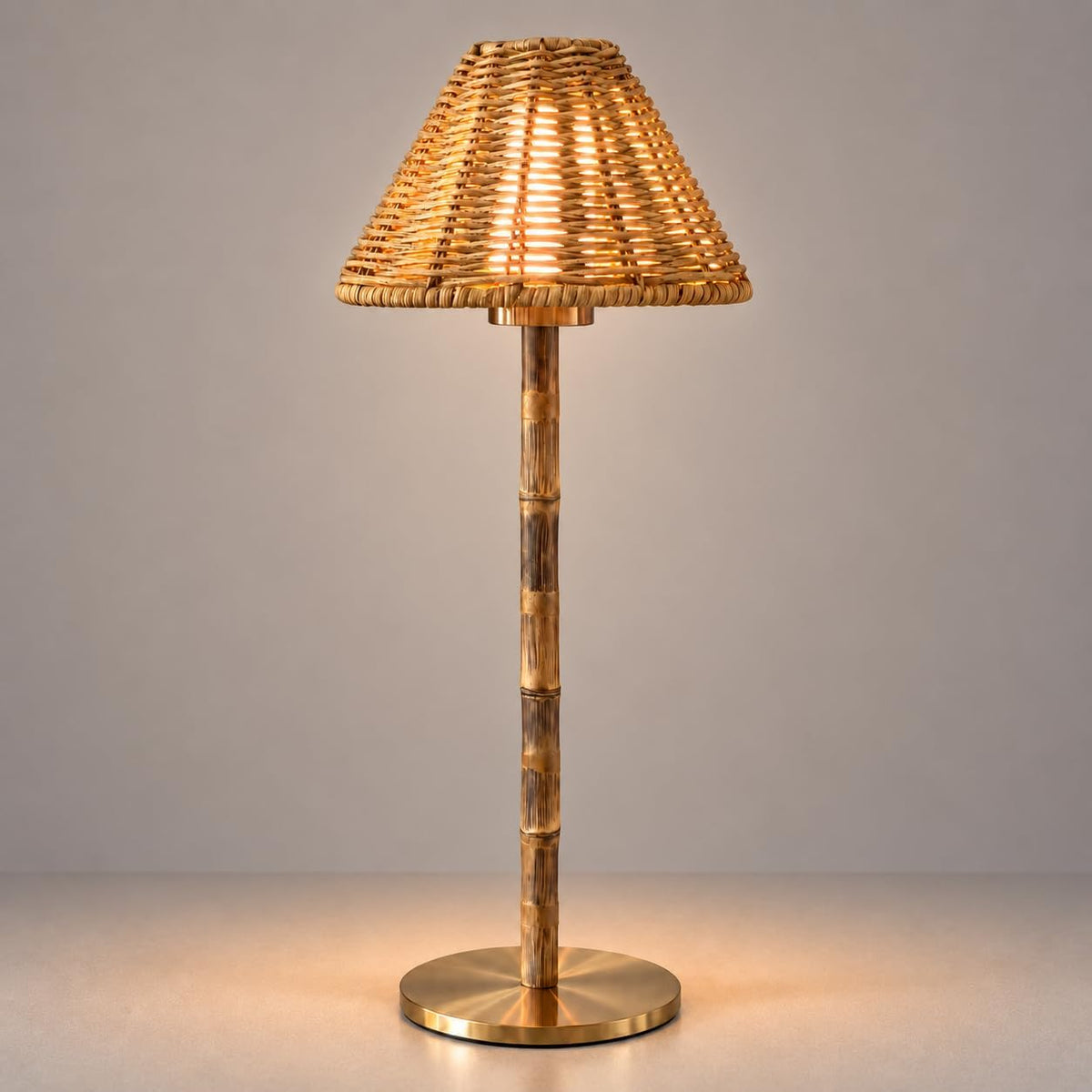 Bamboo Cordless LED Table Lamp – Rechargeable 24-Hour Battery, Dimmable Warm Light, Portable Wireless Lamp with Remote for Indoor/Outdoor Use, Home, Patio, Restaurant – (NATURAL RATTAN), 14.95" Tall
