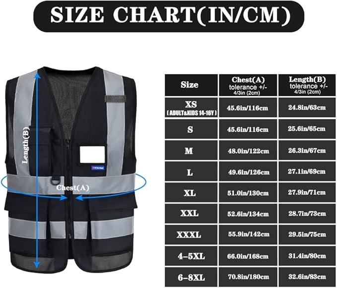 A-SAFETY 7 Pockets Hi Viz Zipper Front Working Safety Vest with Reflective Strips, Multiple Colors Available, Black M