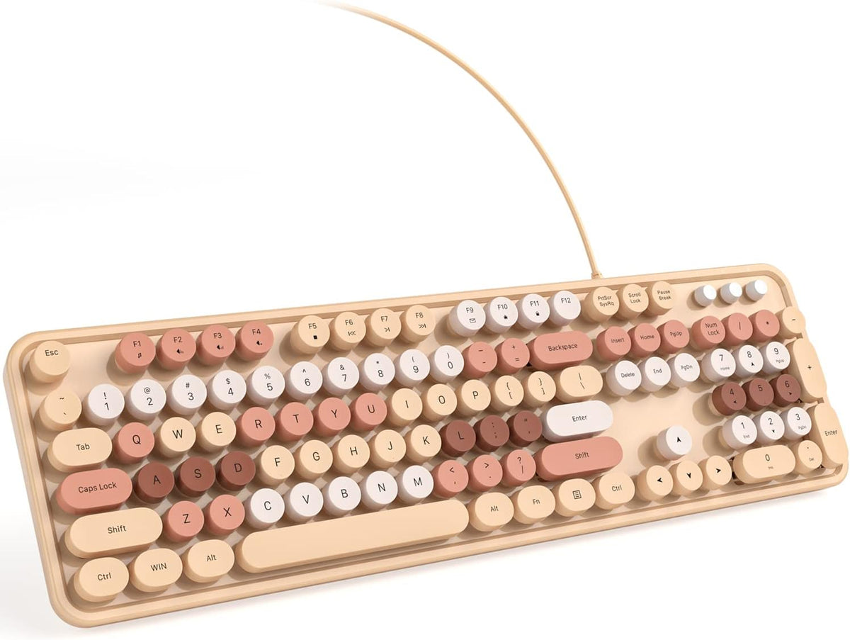 KNOWSQT Wired Computer Keyboard - Milk Tea Colorful Retro Full Size Round Keycaps Plug and Play Typewriter Cute Keyboards for Windows, Laptop, PC, Desktop, Computer
