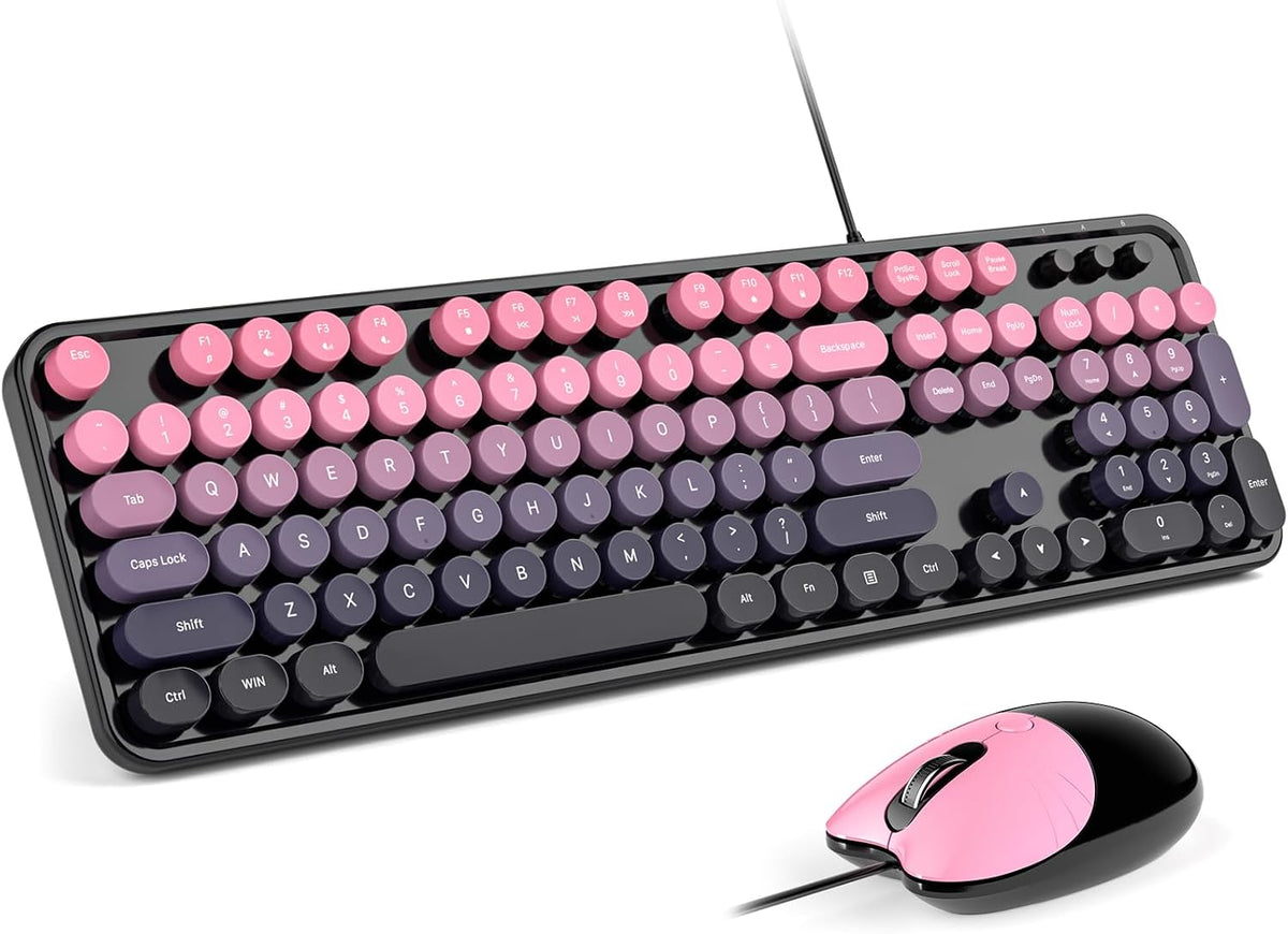 MOFII Wired Retro Typewriter Keyboard and Mouse Combo, Full Size USB Plug & Play for Windows PC Laptop- Plum Pink Gradient
