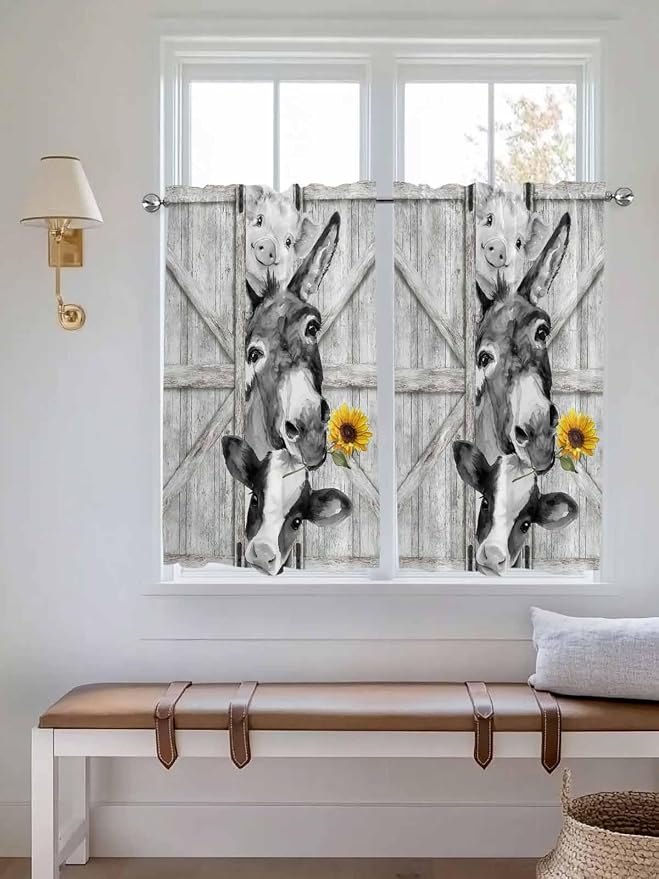 Grey Farmhouse Kitchen Curtains 54 Inches Length, Vintage Sunflowers Animals